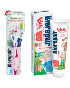 Buy Toothpaste Biorepair Kids for children with strawberry extract, 50 ml + Toothbrush Biorepair CURVE Junior for children, pink SET | Online Pharmacy | https://buy-pharm.com
