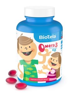 Buy BioTela Omega 3 fish oil from Iceland, with vitamins E and D for children with raspberry flavor, 120 capsules, one month course | Online Pharmacy | https://buy-pharm.com