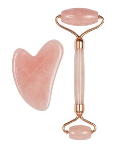 Buy 2 in 1 Gift massage roller set + gua sha scraper made of natural rose quartz for face and body / Instrument for cleansing massage, therapy on the face, back, arms, neck, shoulders | Online Pharmacy | https://buy-pharm.com