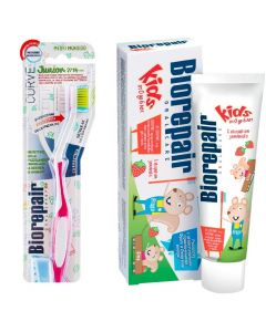 Buy Toothpaste Biorepair Kids for children with strawberry extract, 50 ml + Toothbrush Biorepair CURVE Junior for children, pink SET | Online Pharmacy | https://buy-pharm.com