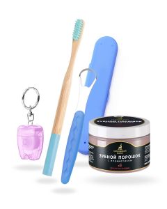 Buy Gift set for oral care: Cherry tooth powder, 95 ml + bamboo toothbrush + tongue scraper + dental flos | Online Pharmacy | https://buy-pharm.com