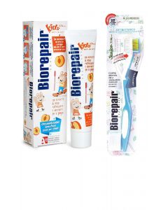Buy Biorepair Kids Toothpaste for children with peach extract, 50 ml + Biorepair CURVE Toothbrush Junior for children, blue | Online Pharmacy | https://buy-pharm.com