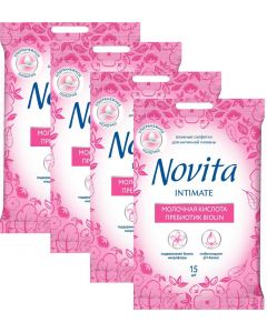 Buy Wet wipes Novita Intimate Biolin prebiotic, 4 packs of 15 pieces each  | Online Pharmacy | https://buy-pharm.com